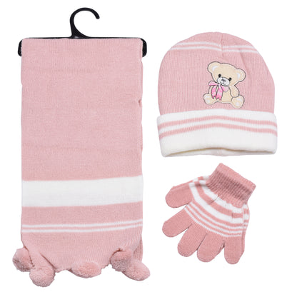 Kids Winter Hat, Scarf & Gloves Set – Teddy Bear (12 pcs Assorted Colours)