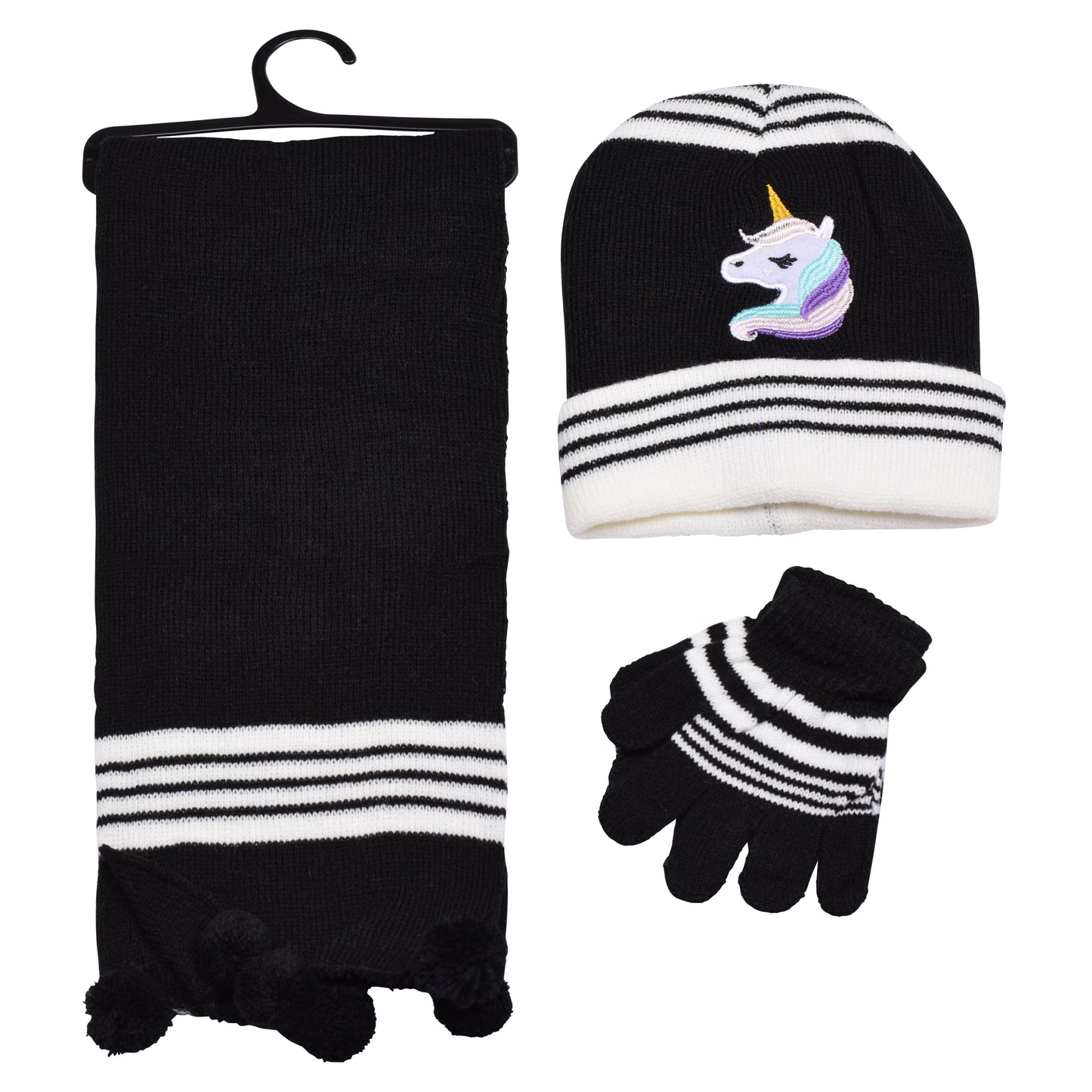 Kids Winter Hat, Scarf & Gloves Set – Unicorn (12 pcs Assorted Colours)