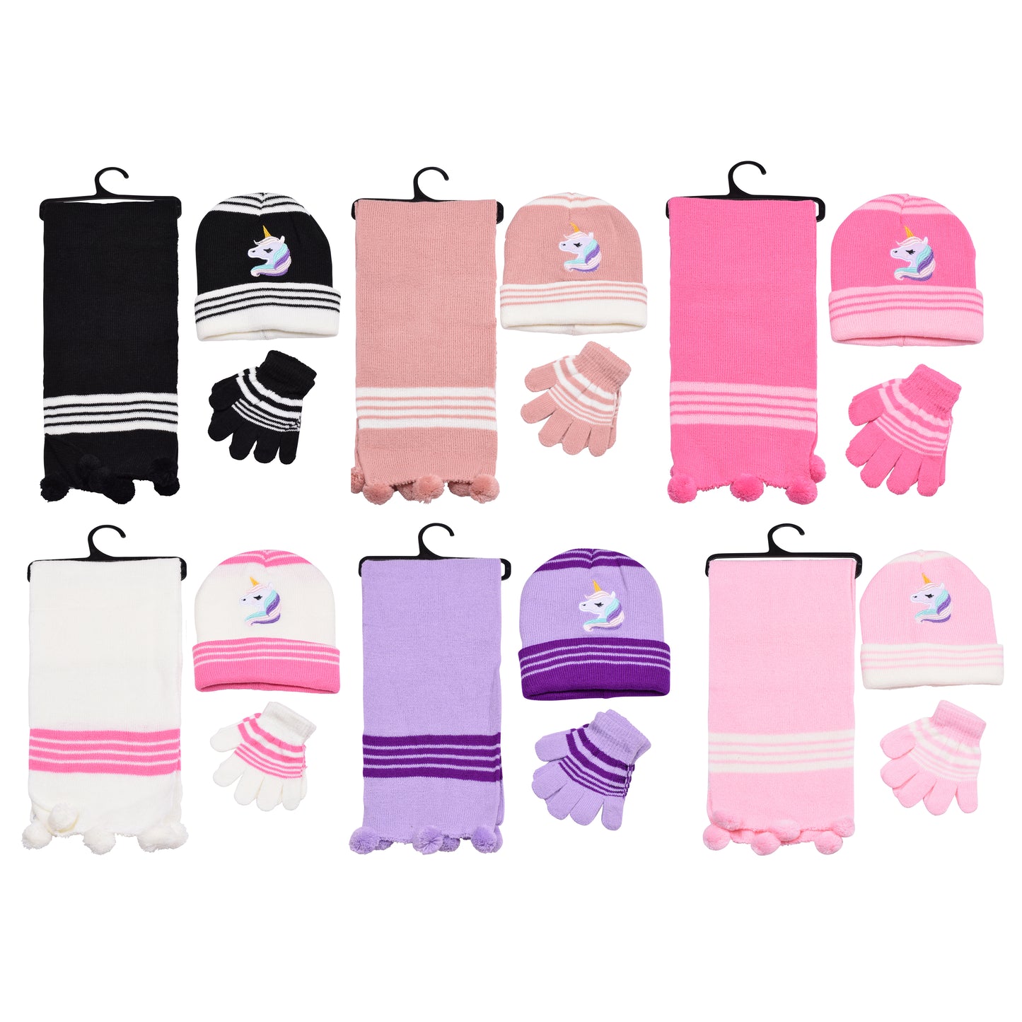 Kids Winter Hat, Scarf & Gloves Set – Unicorn (12 pcs Assorted Colours)