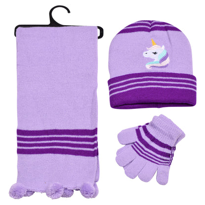 Kids Winter Hat, Scarf & Gloves Set – Unicorn (12 pcs Assorted Colours)