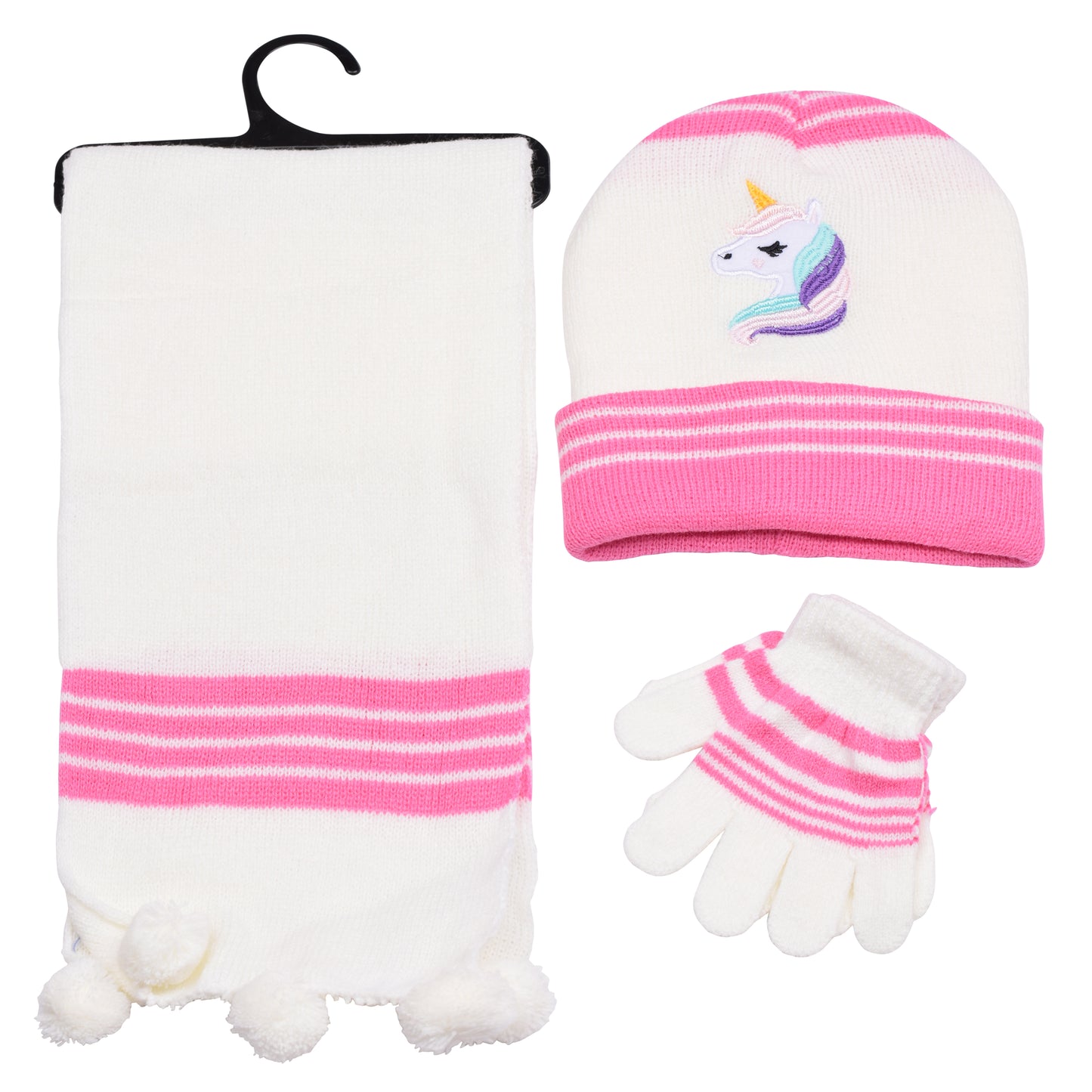 Kids Winter Hat, Scarf & Gloves Set – Unicorn (12 pcs Assorted Colours)