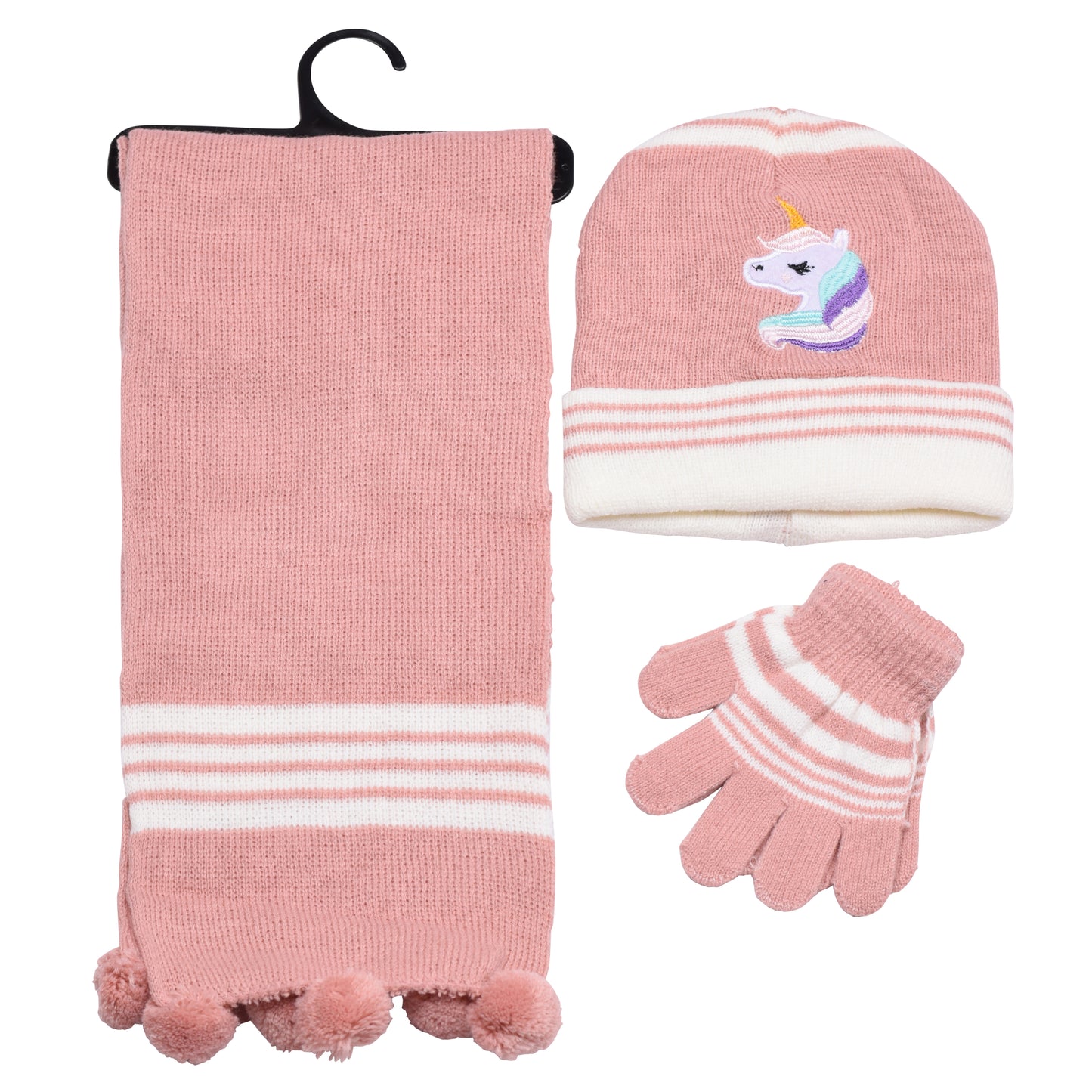 Kids Winter Hat, Scarf & Gloves Set – Unicorn (12 pcs Assorted Colours)