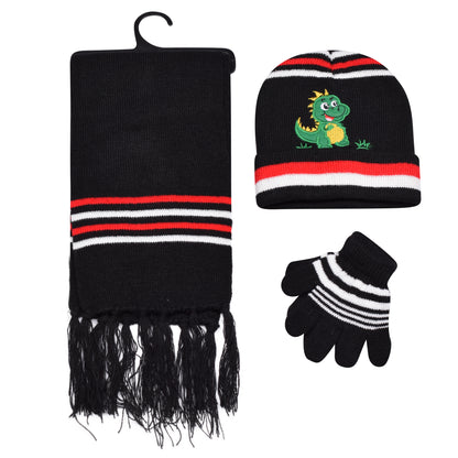Kids Winter Hat, Scarf & Gloves Set – Dinosaur (12 pcs Assorted Colours)