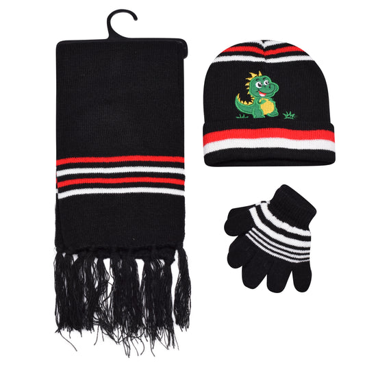 Kids Winter Hat, Scarf & Gloves Set – Dinosaur (12 pcs Assorted Colours)