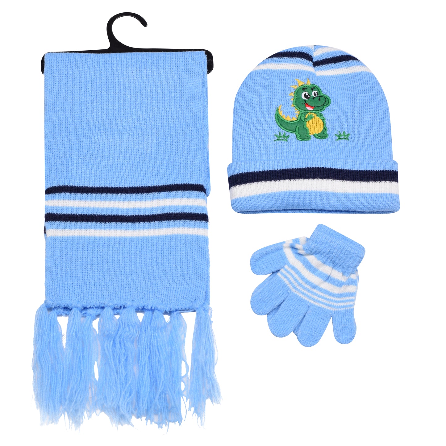 Kids Winter Hat, Scarf & Gloves Set – Dinosaur (12 pcs Assorted Colours)