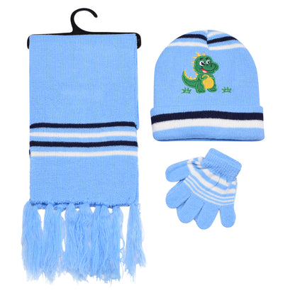 Kids Winter Hat, Scarf & Gloves Set – Dinosaur (12 pcs Assorted Colours)