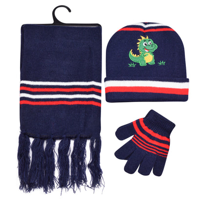 Kids Winter Hat, Scarf & Gloves Set – Dinosaur (12 pcs Assorted Colours)