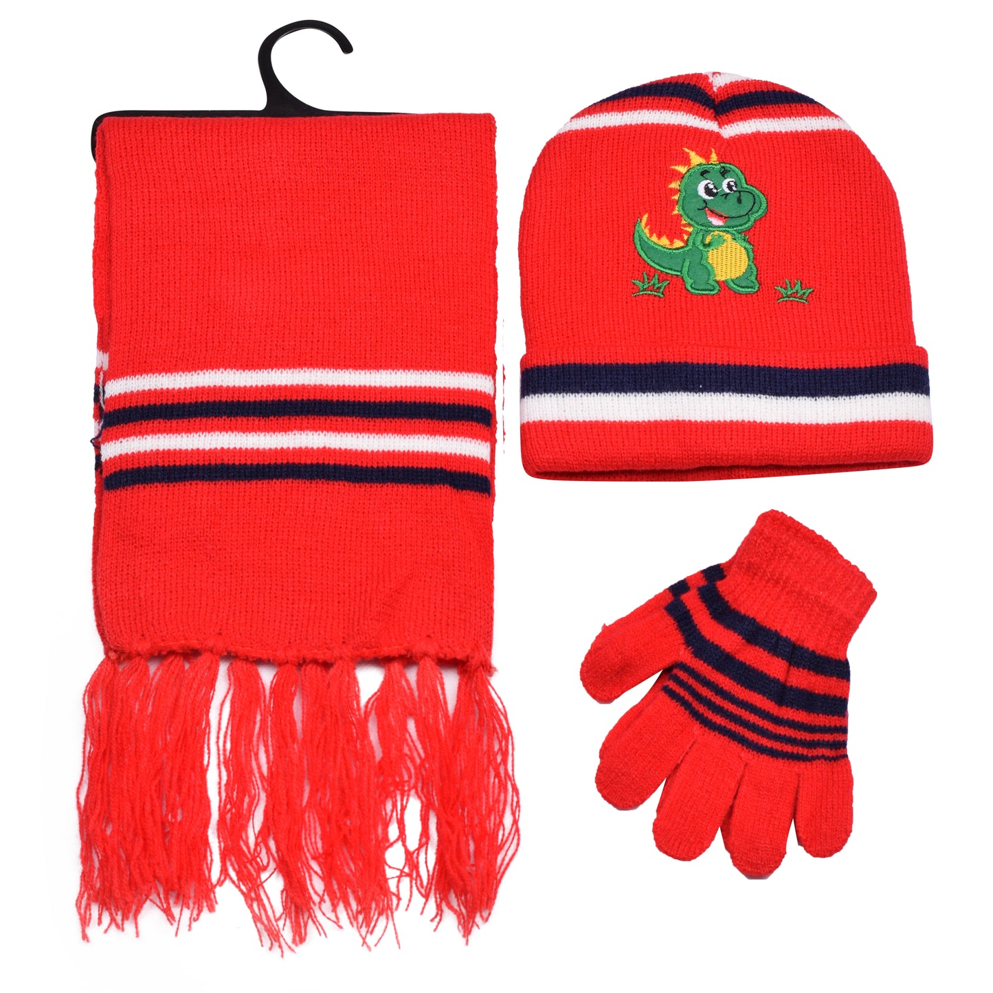 Kids Winter Hat, Scarf & Gloves Set – Dinosaur (12 pcs Assorted Colours)