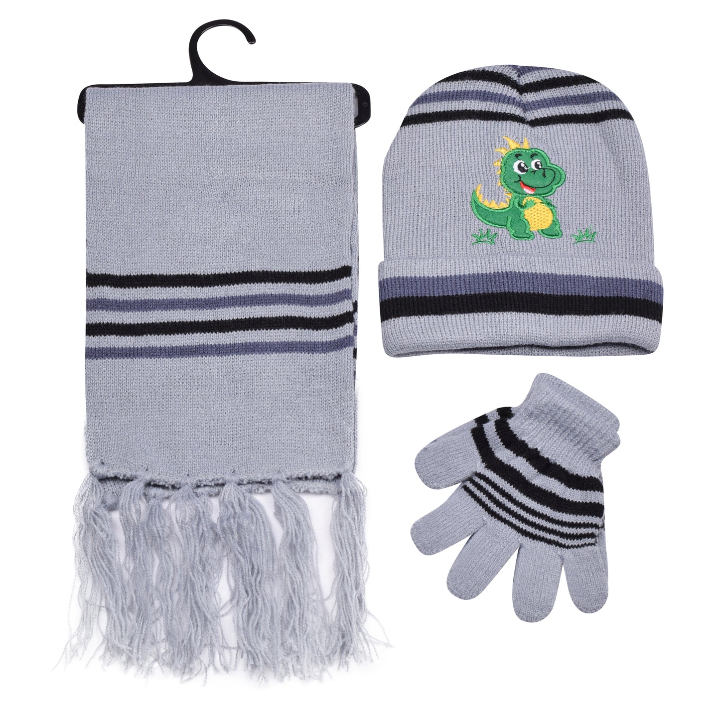 Kids Winter Hat, Scarf & Gloves Set – Dinosaur (12 pcs Assorted Colours)