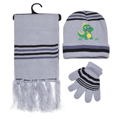 Kids Winter Hat, Scarf & Gloves Set – Dinosaur (12 pcs Assorted Colours)