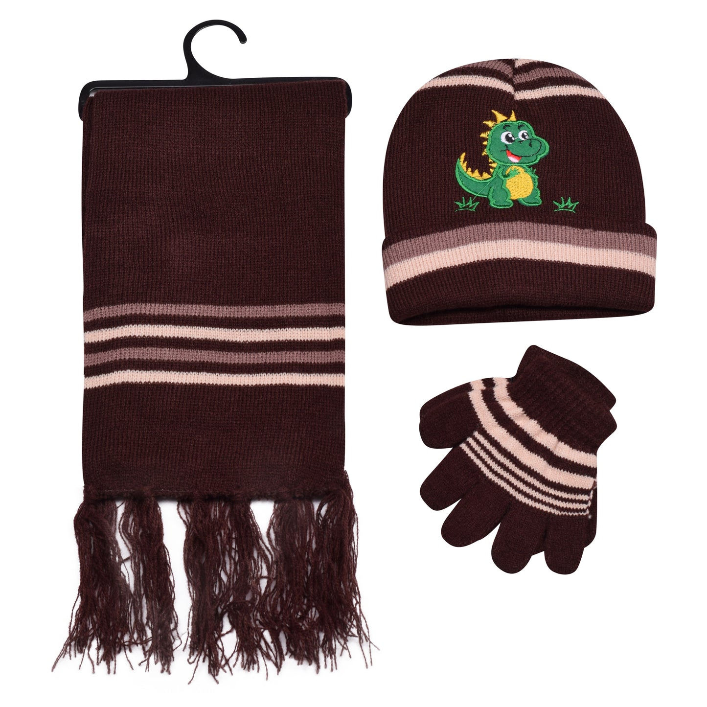 Kids Winter Hat, Scarf & Gloves Set – Dinosaur (12 pcs Assorted Colours)