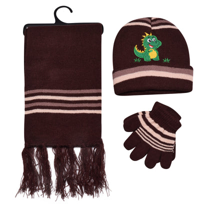 Kids Winter Hat, Scarf & Gloves Set – Dinosaur (12 pcs Assorted Colours)