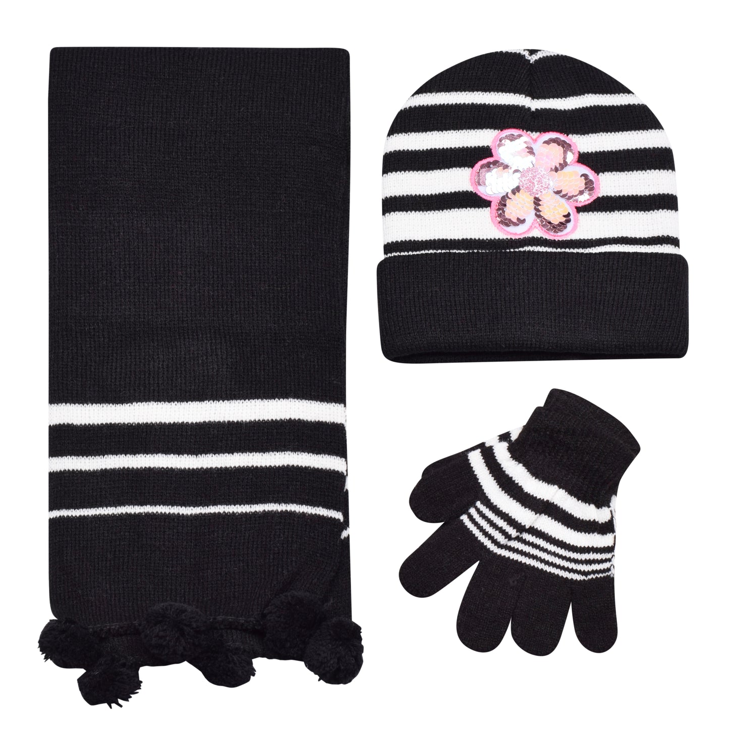 Kids Winter Hat, Scarf & Gloves Set – Sequin Flower (12 pcs Assorted Colours)