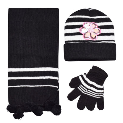 Kids Winter Hat, Scarf & Gloves Set – Sequin Flower (12 pcs Assorted Colours)