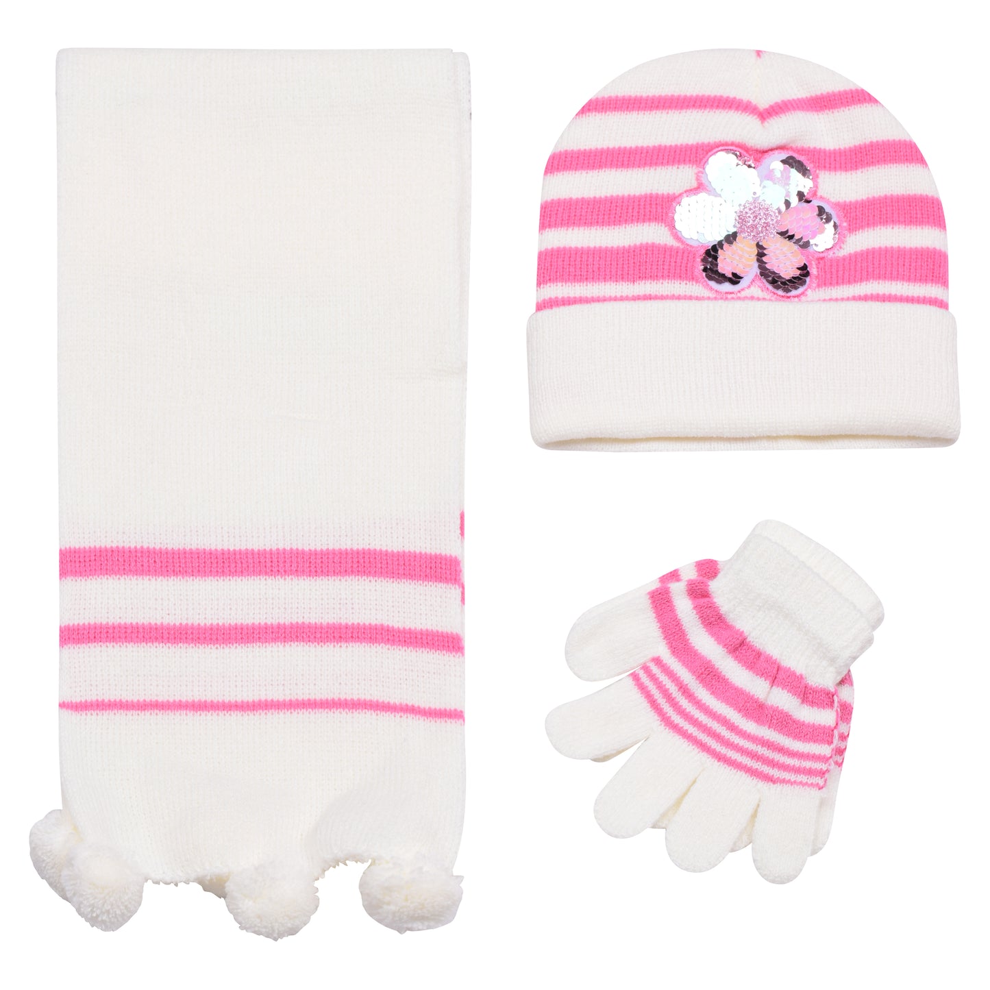 Kids Winter Hat, Scarf & Gloves Set – Sequin Flower (12 pcs Assorted Colours)