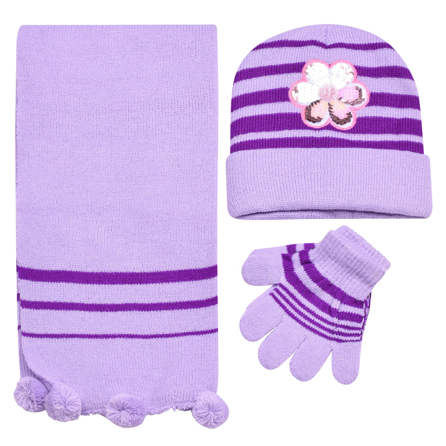 Kids Winter Hat, Scarf & Gloves Set – Sequin Flower (12 pcs Assorted Colours)