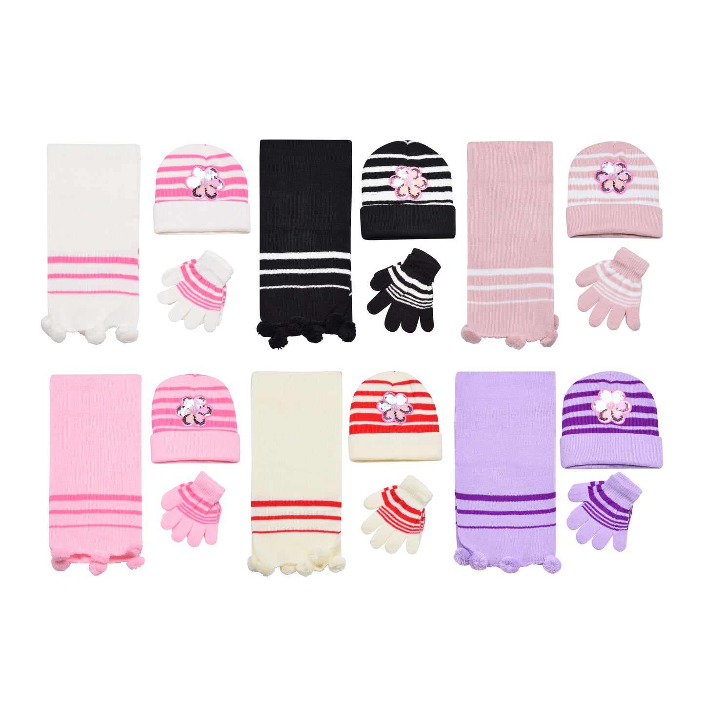 Kids Winter Hat, Scarf & Gloves Set – Sequin Flower (12 pcs Assorted Colours)