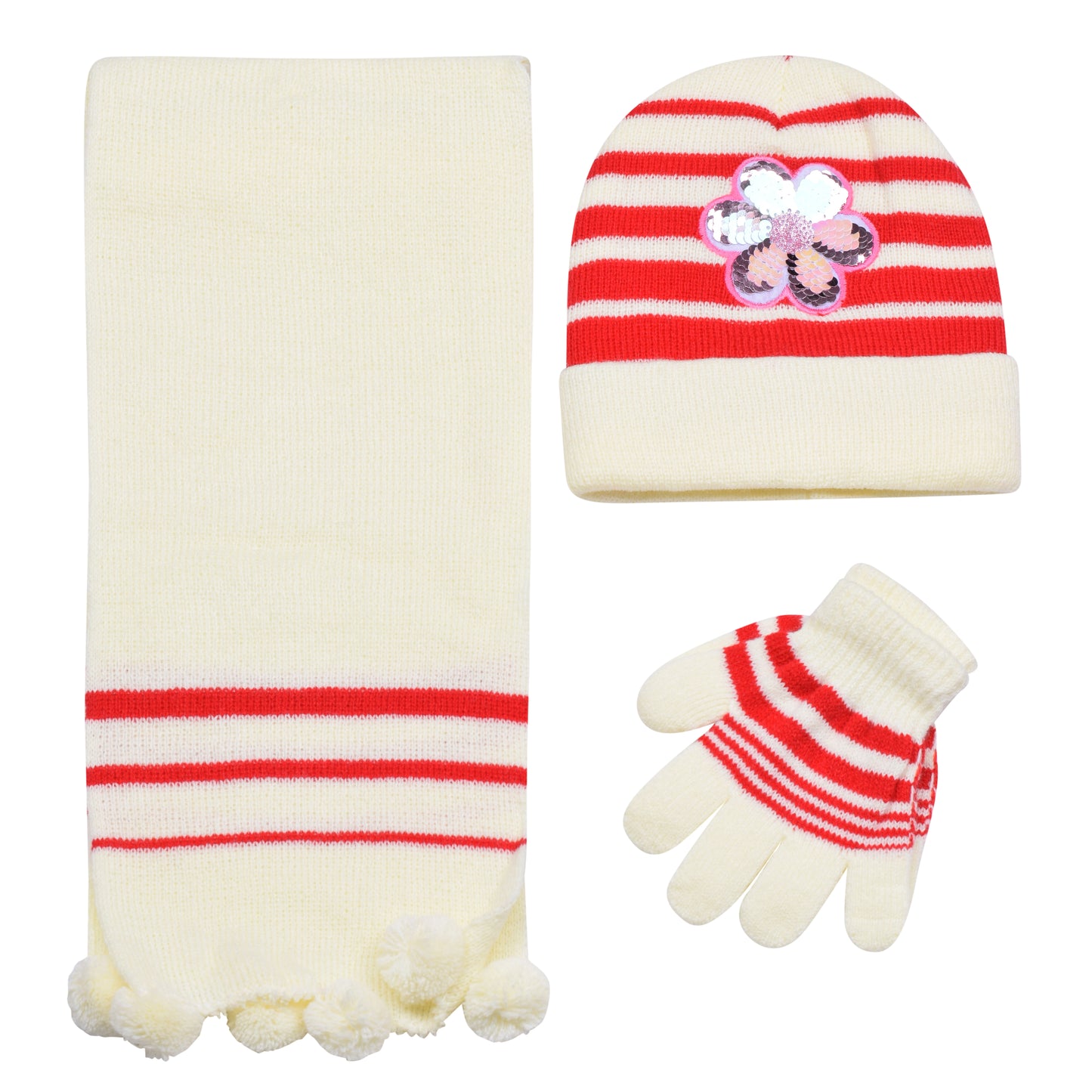 Kids Winter Hat, Scarf & Gloves Set – Sequin Flower (12 pcs Assorted Colours)