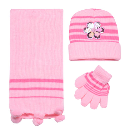 Kids Winter Hat, Scarf & Gloves Set – Sequin Flower (12 pcs Assorted Colours)