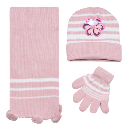 Kids Winter Hat, Scarf & Gloves Set – Sequin Flower (12 pcs Assorted Colours)