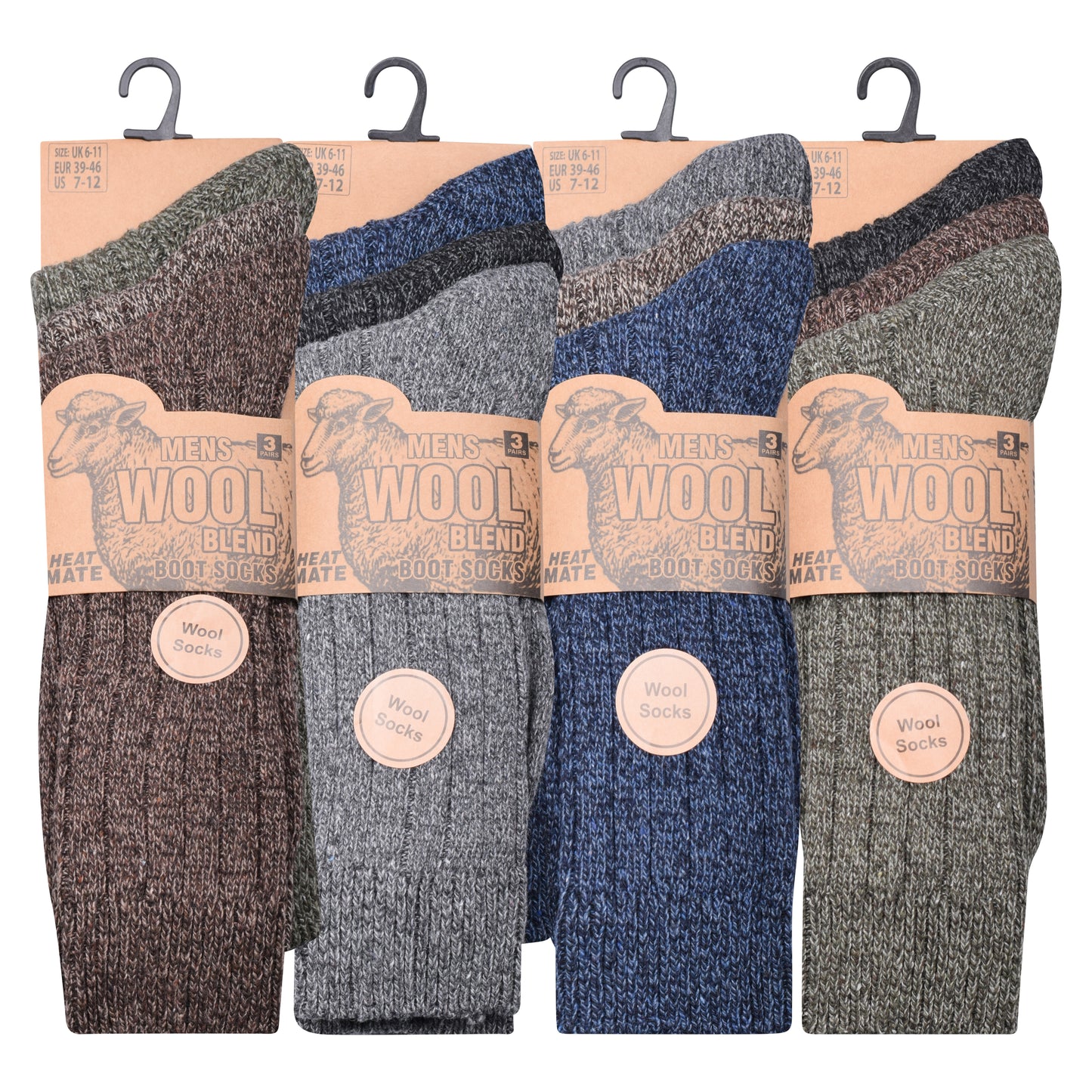 Mens Chunky Wool Blend Socks -Assorted (12 Pairs)