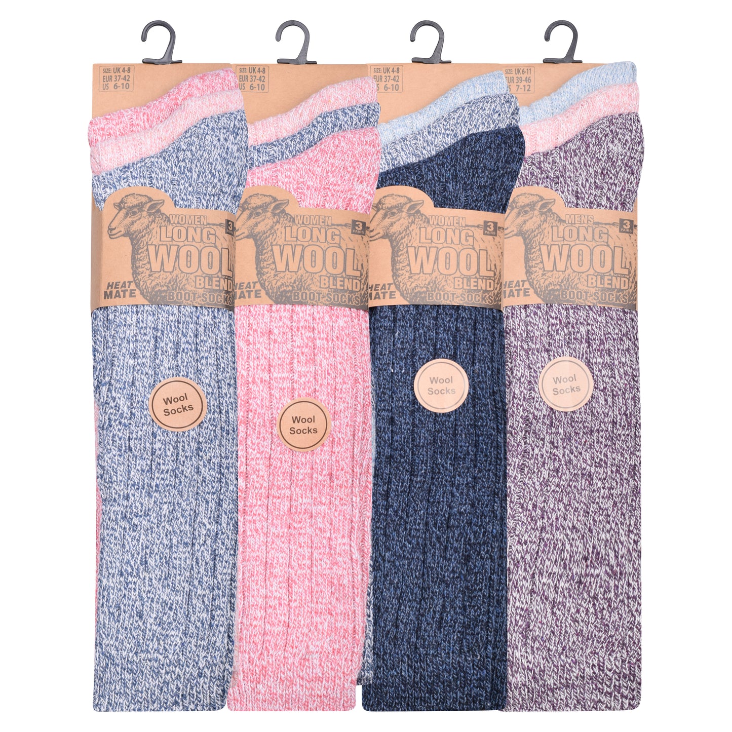 Ladies Long Chunky Wool Blend Socks - Assorted (12 Pairs)