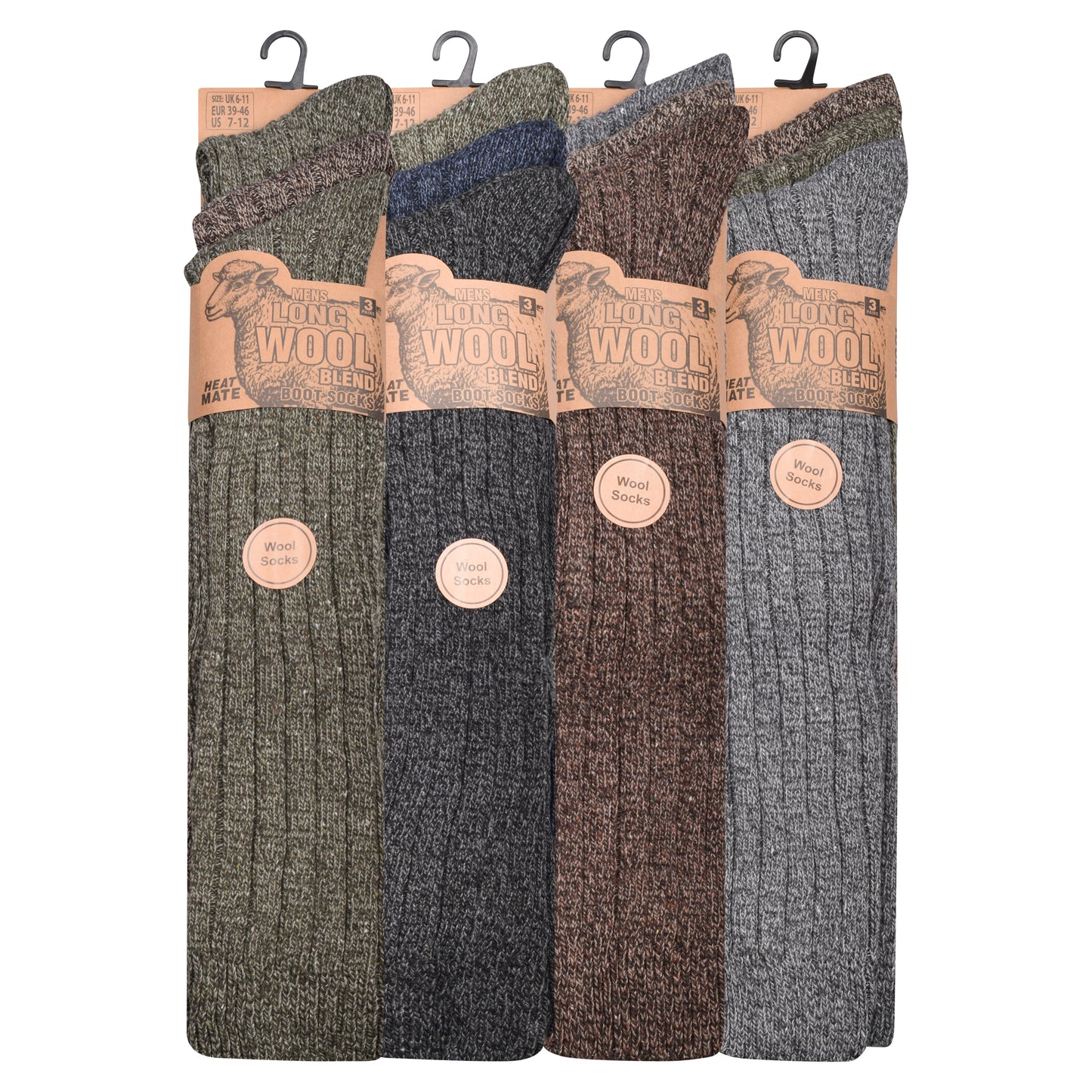Mens Long Chunky Wool Blend Socks - Assorted (12 Pairs)