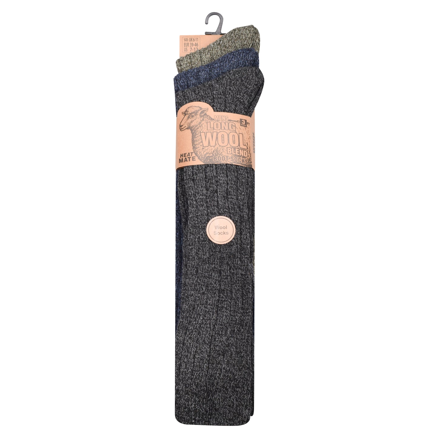 Mens Long Chunky Wool Blend Socks - Assorted (12 Pairs)