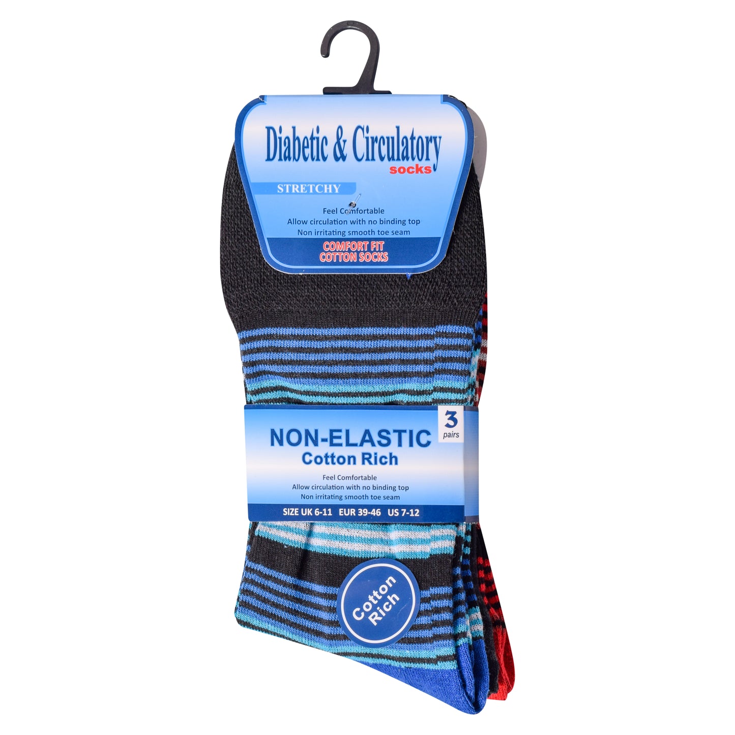 Mens Non Elastic Diabetic Socks - Bright Stripes (12 Pairs)