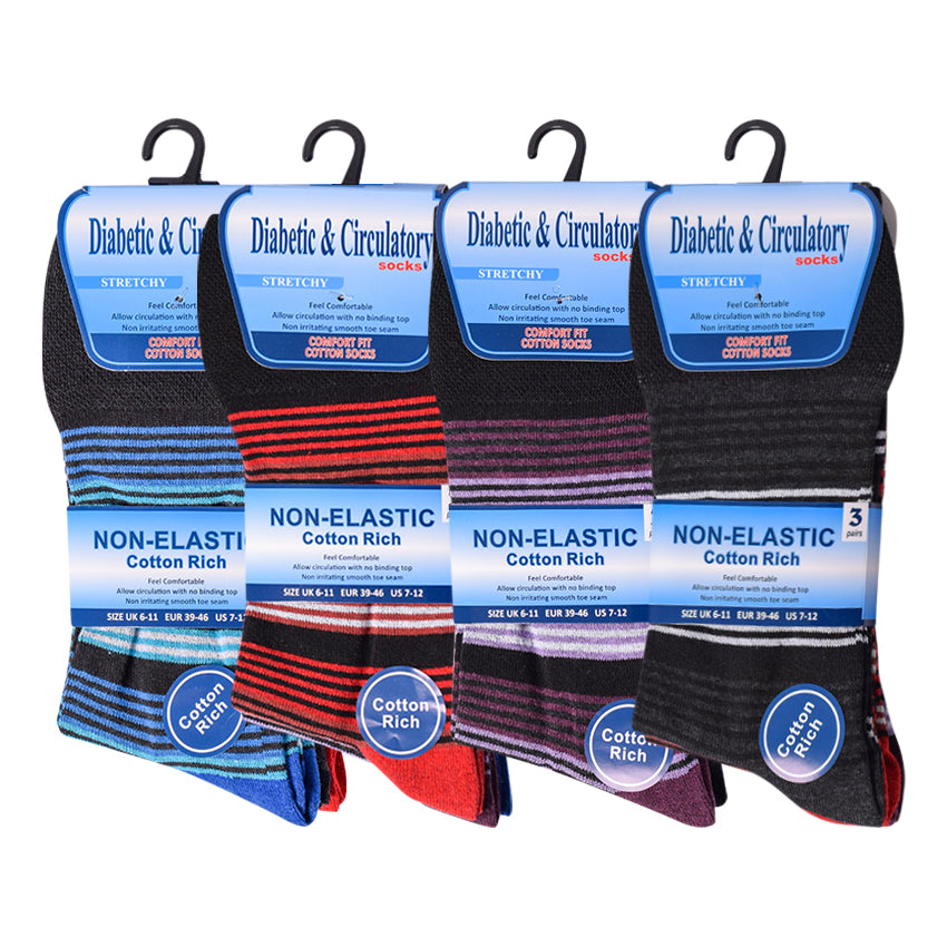 Mens Non Elastic Diabetic Socks - Bright Stripes (12 Pairs)