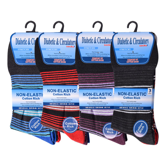 Mens Non Elastic Diabetic Socks - Bright Stripes (12 Pairs)