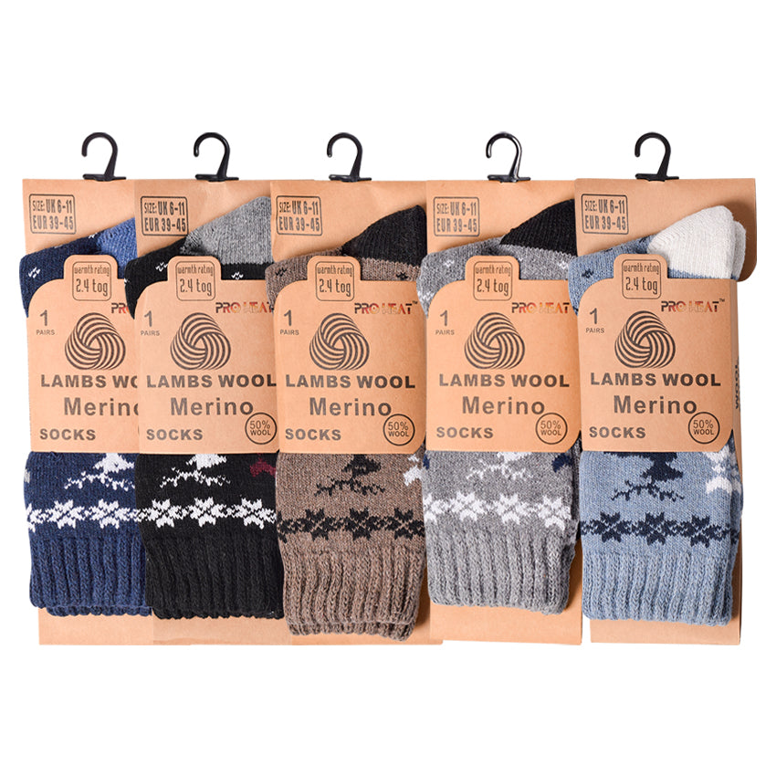 Mens Merino Lambs Wool Socks - Reindeer (12 Pairs)