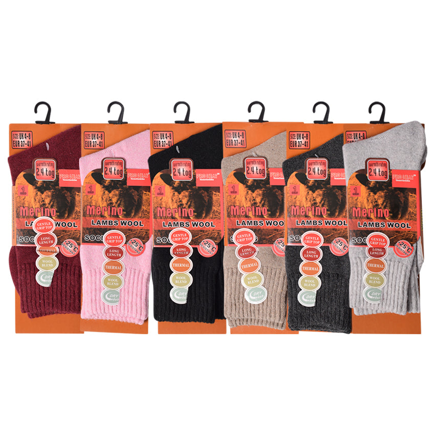 Ladies Merino Lambs Wool Socks - Plain Assorted (12 Pairs)