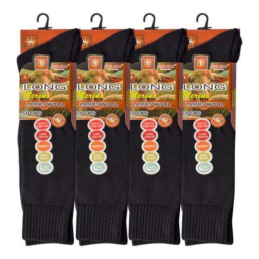 Mens Merino Lambs Wool Long Socks - Black (12 Pairs)