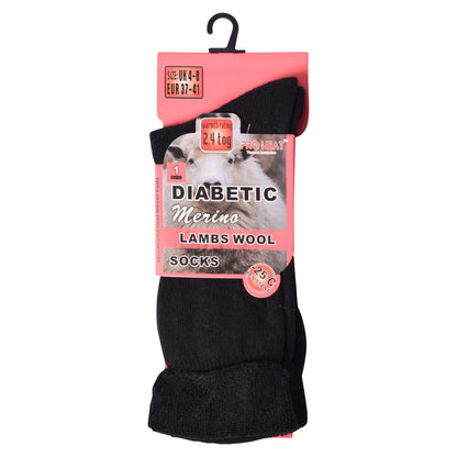 Ladies Diabetic Merino Lambs Wool Socks - Black (12 Pairs)