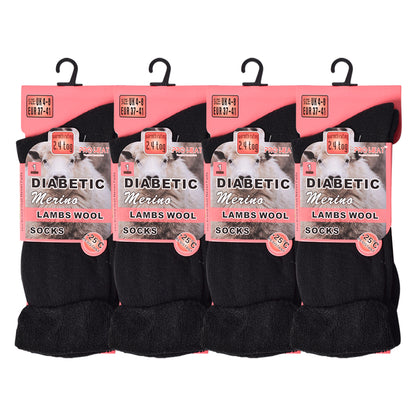 Ladies Diabetic Merino Lambs Wool Socks - Black (12 Pairs)