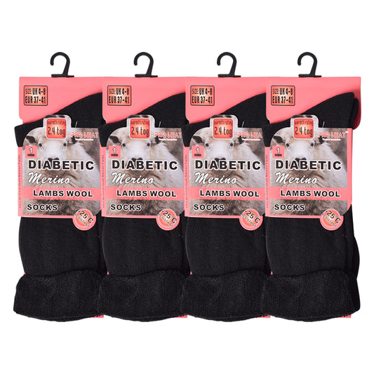 Ladies Diabetic Merino Lambs Wool Socks - Black (12 Pairs)