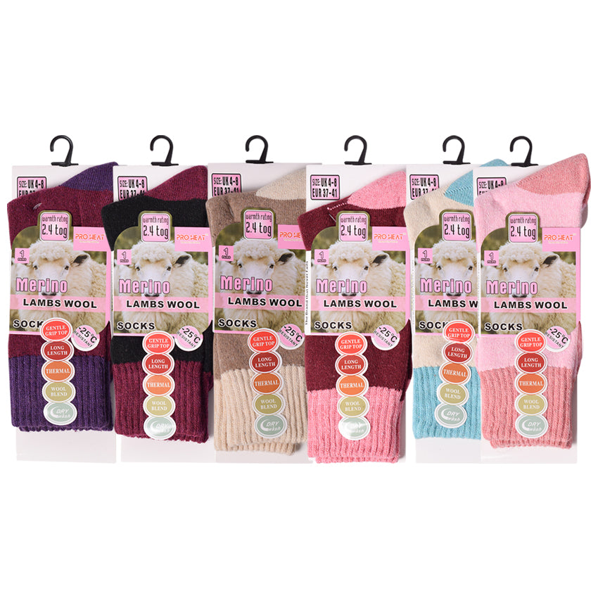 Ladies Merino Lambs Wool Socks - Two Tone (12 Pairs)