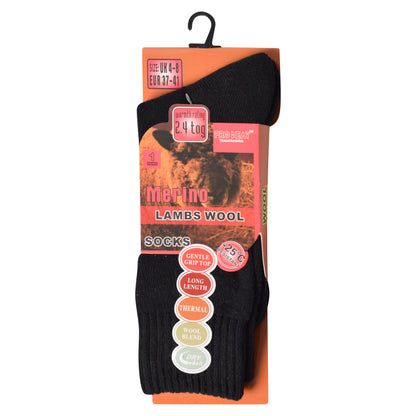Ladies Merino Lambs Wool Socks - Black (12 Pairs)