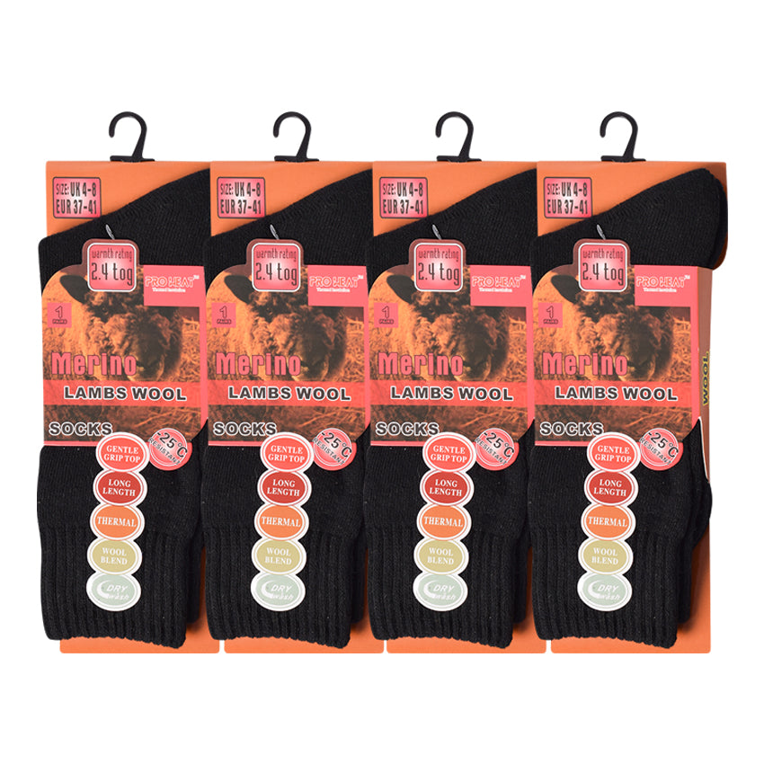 Ladies Merino Lambs Wool Socks - Black (12 Pairs)