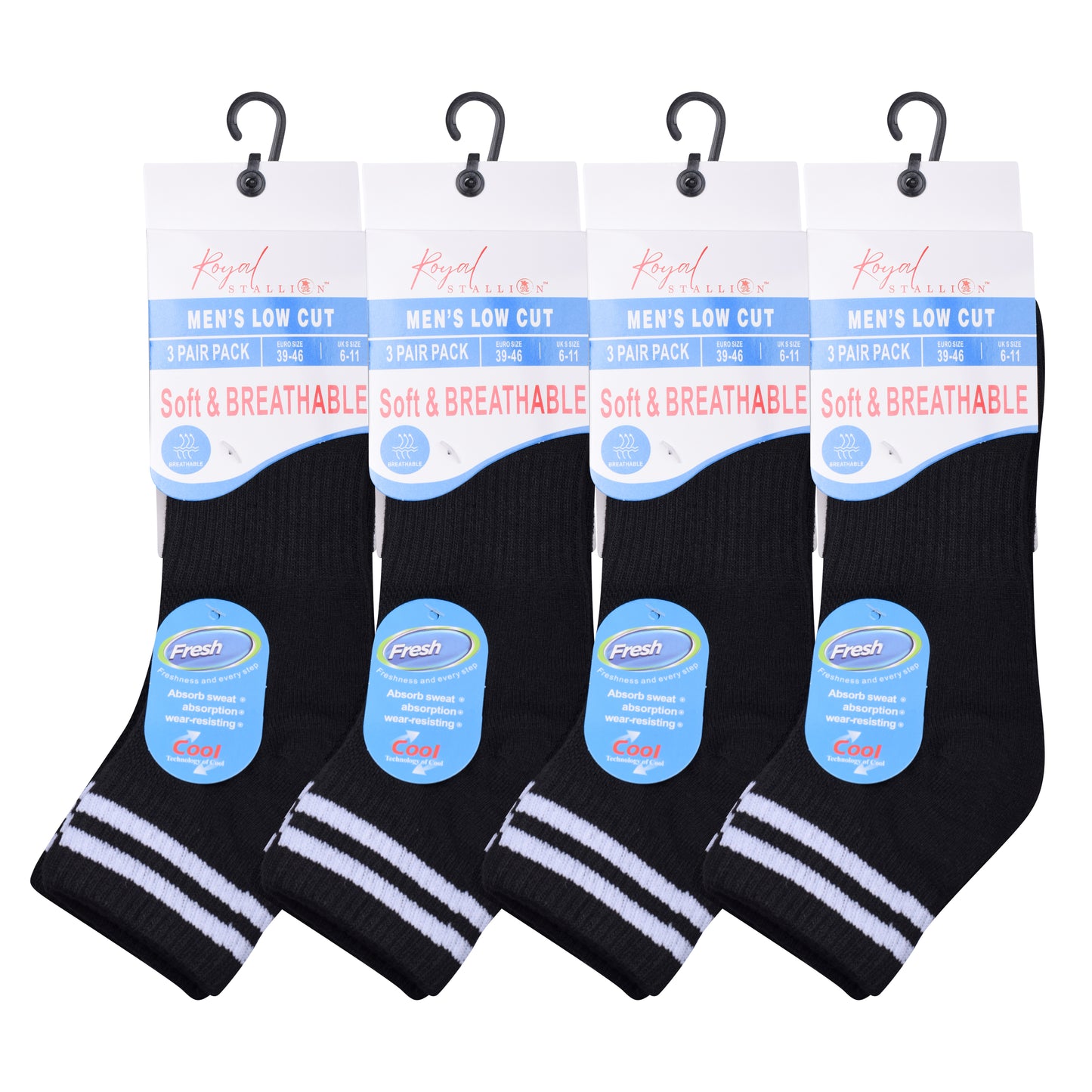 Mens Cushioned Trainer Socks - Black Striped (12 Pairs)