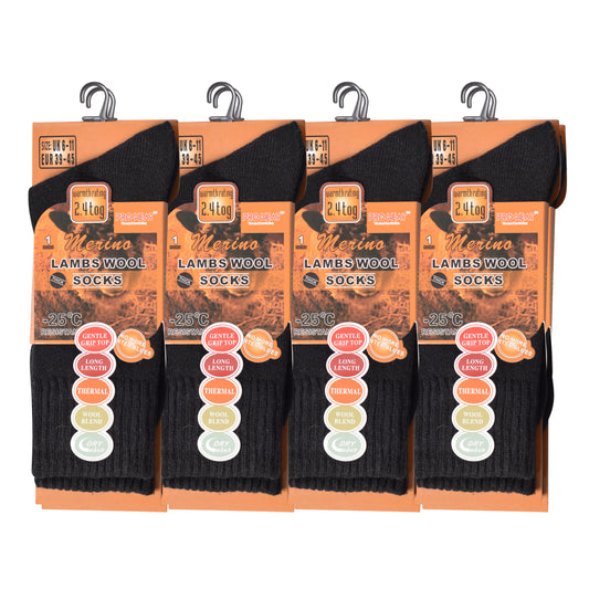 Mens Merino Lambs Wool Socks - Black (12 Pairs)