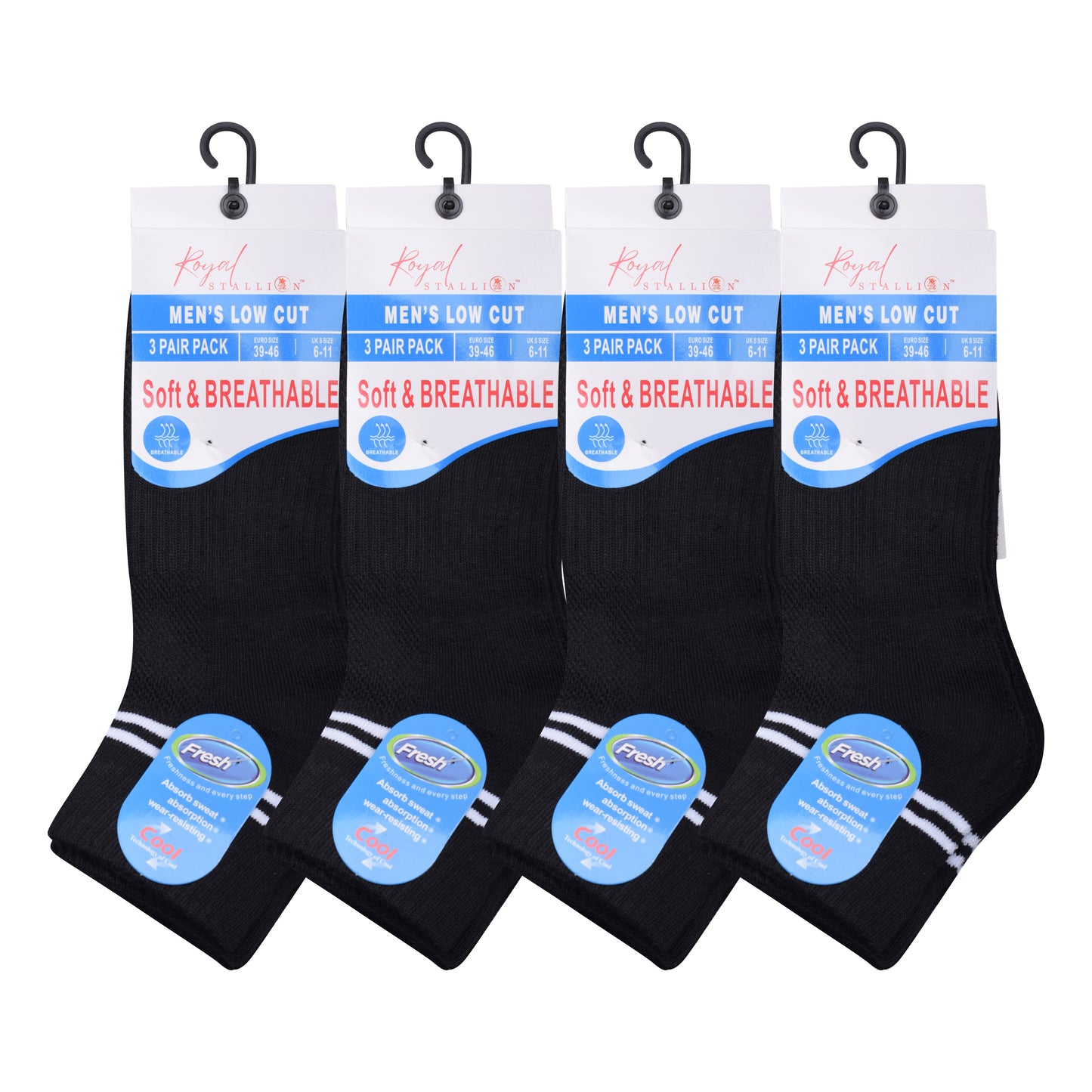 Mens Cushioned Trainer Socks - Black/White Striped (12 Pairs)