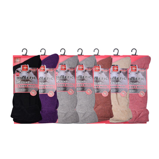 Ladies Diabetic Merino Lambs Wool Socks - Assorted (12 Pairs)