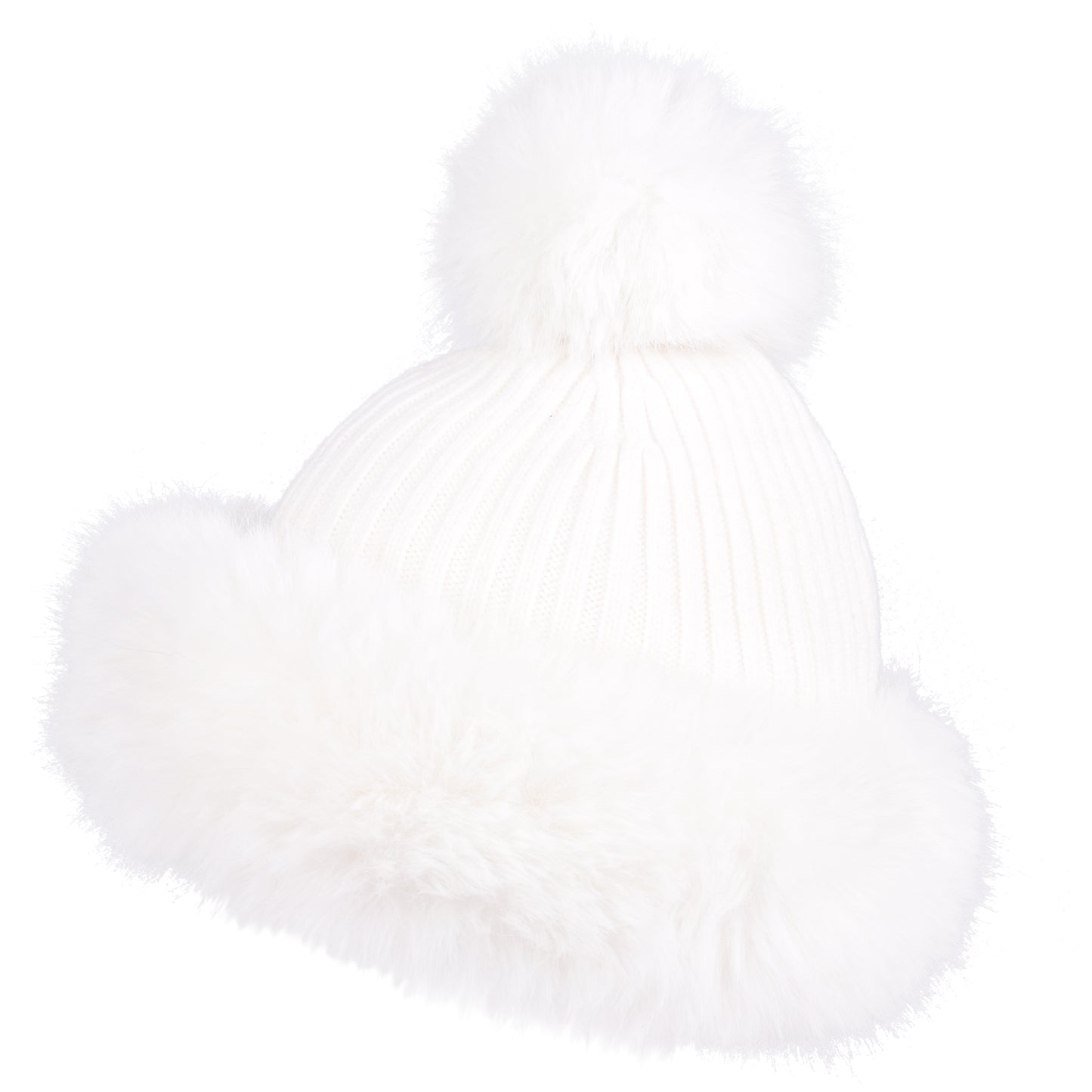 Luxury Ribbed Pompom Hat with Fur Trim - Fur Lined