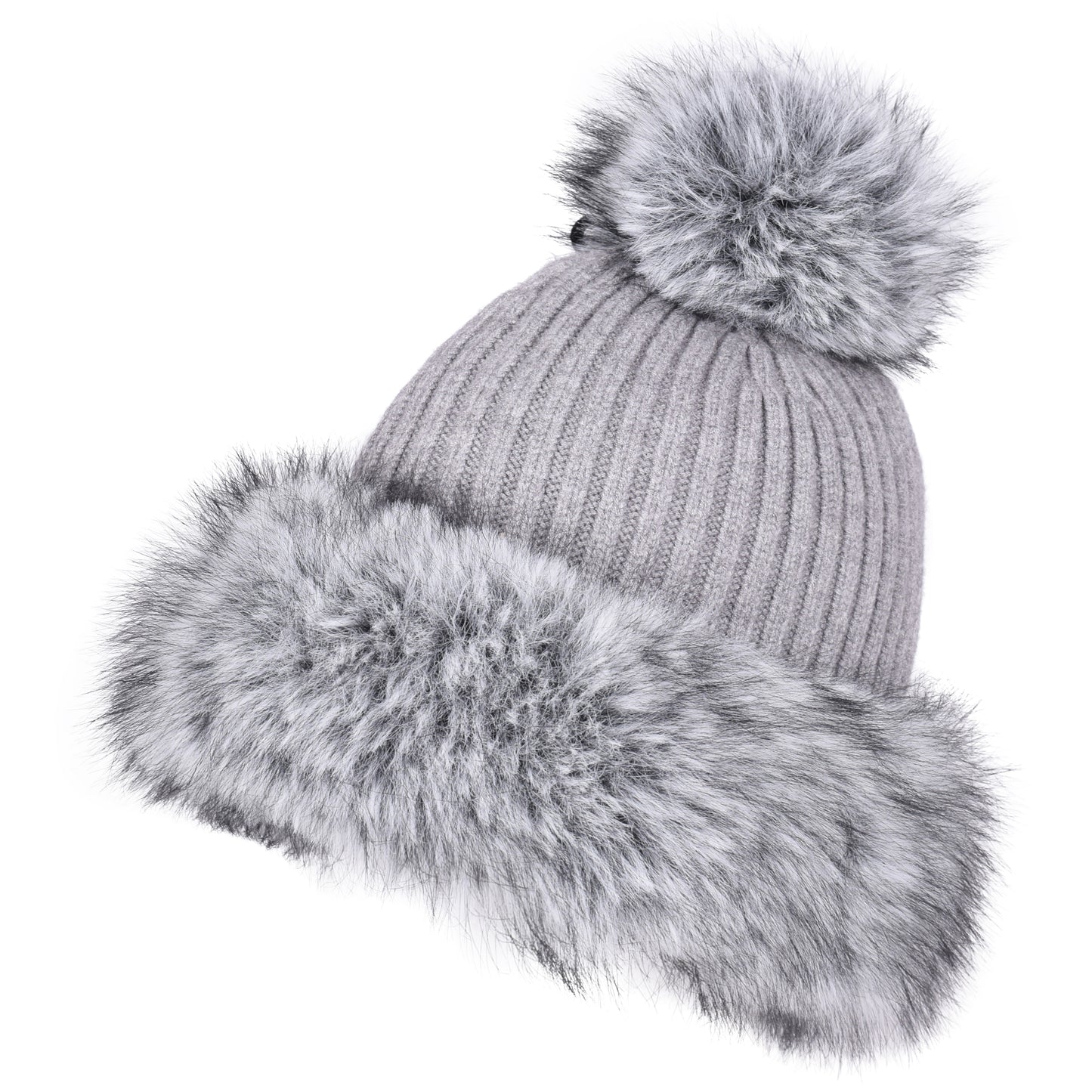 Luxury Ribbed Pompom Hat with Fur Trim - Fur Lined