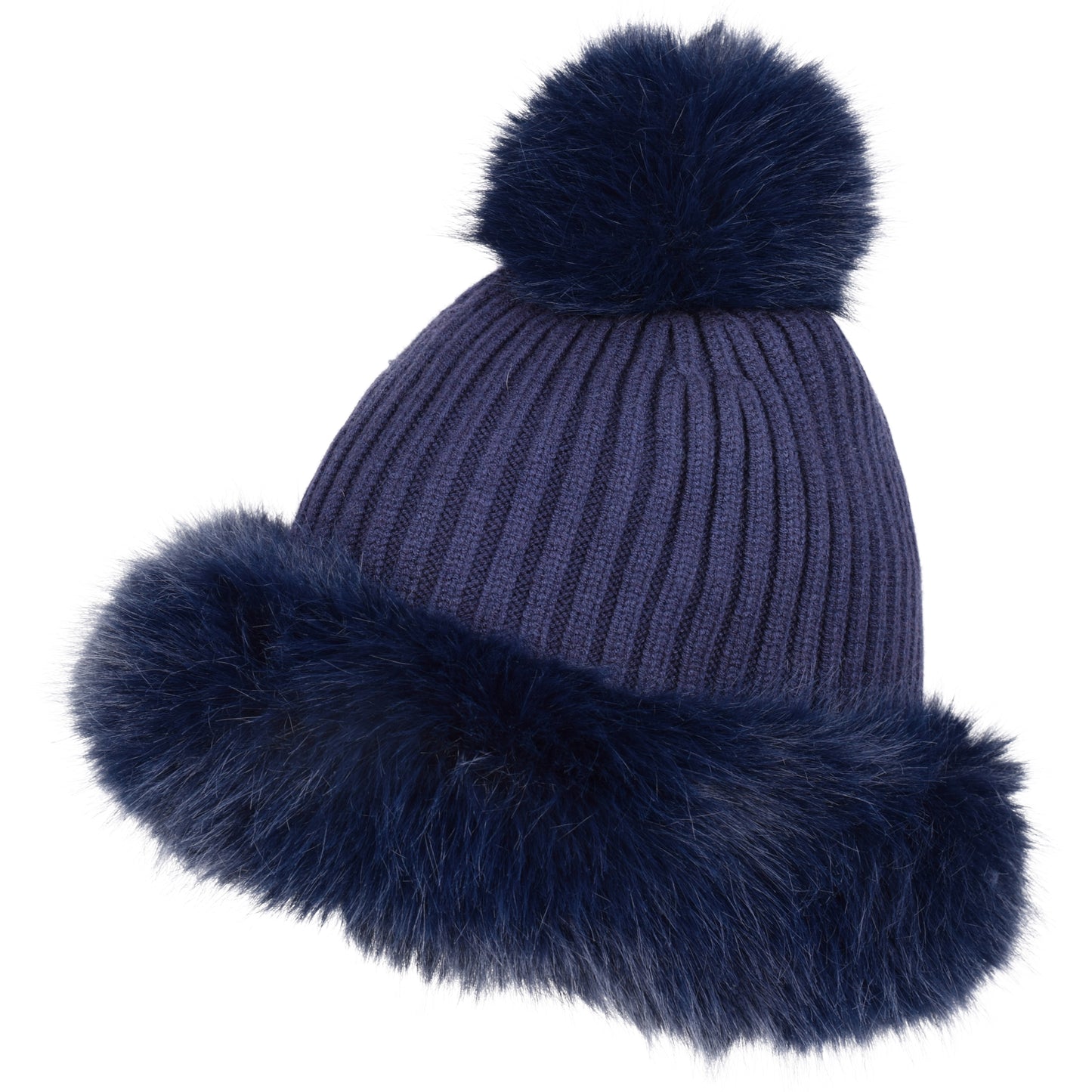 Luxury Ribbed Pompom Hat with Fur Trim - Fur Lined