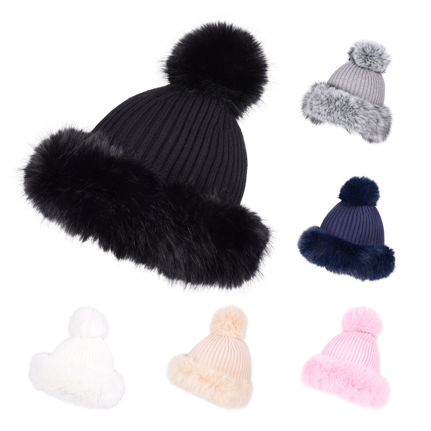 Luxury Ribbed Pompom Hat with Fur Trim - Fur Lined