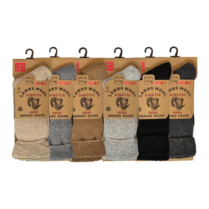 Mens Diabetic Merino Lambs Wool Socks - Assorted (12 Pairs)