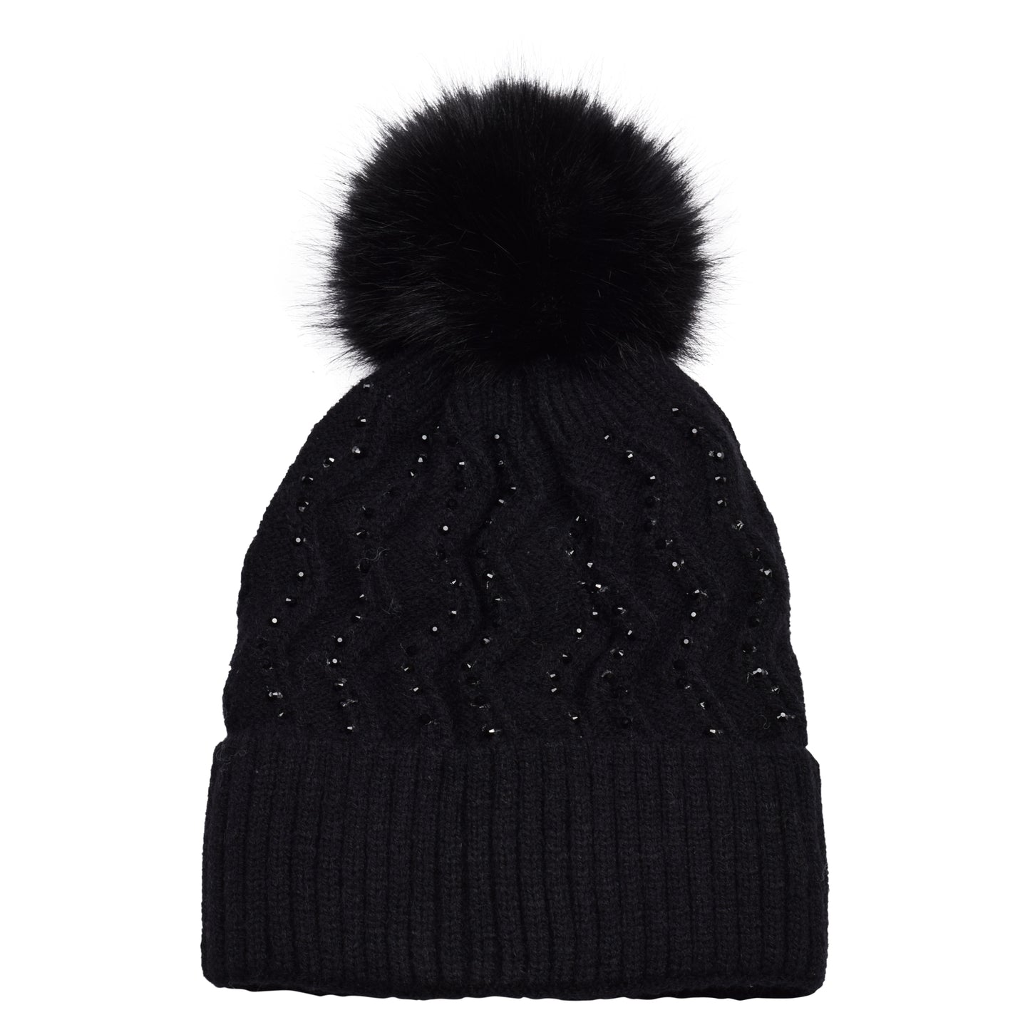 Knitted Diamante Pompom Hats - Classic Zigzag